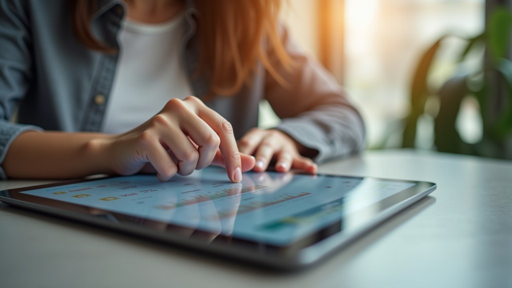 A person using a tablet to analyze graphs and data in a bright indoor setting.
