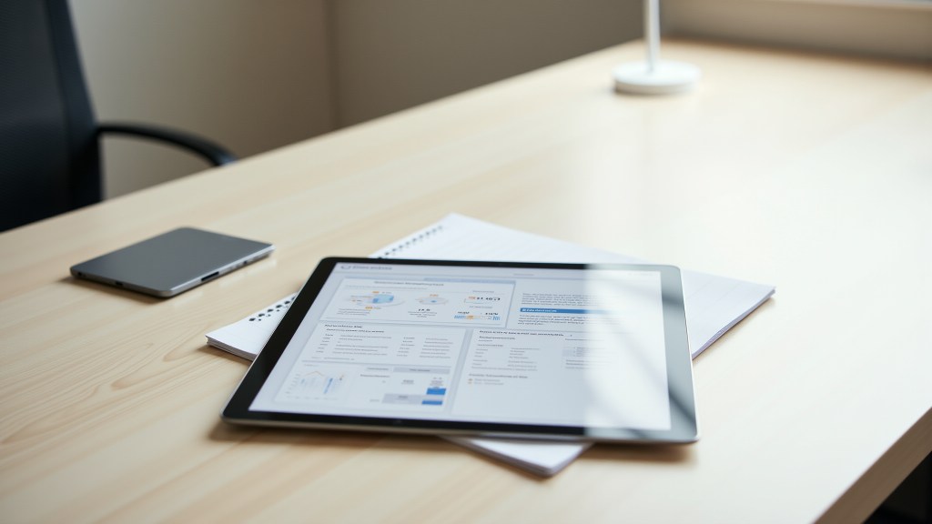 A tablet displaying a data report, placed on a wooden desk alongside a notebook and a smartphone, with a modern lamp in the background.
